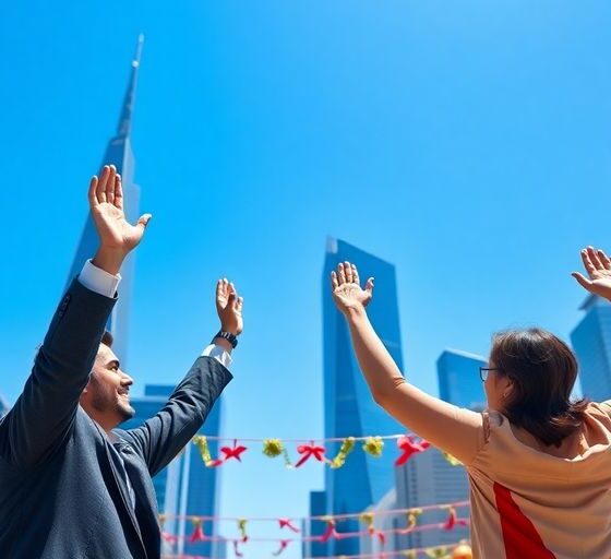 Celebrating traders with skyline backdrop signifying positive trade talks.