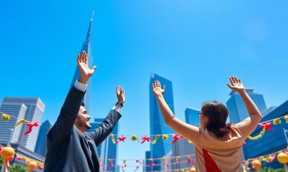 Celebrating traders with skyline backdrop signifying positive trade talks.