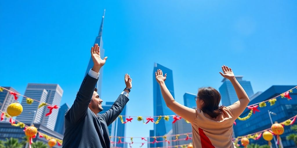 Celebrating traders with skyline backdrop signifying positive trade talks.