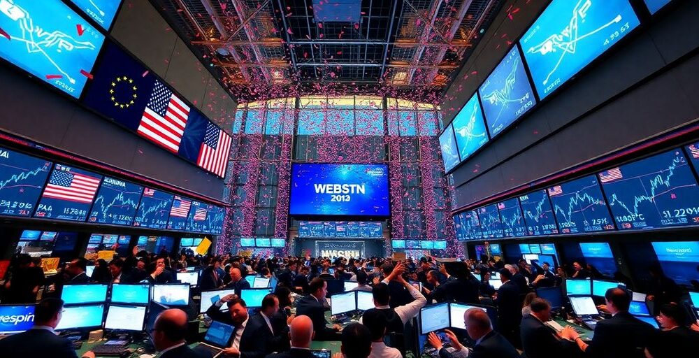 Traders celebrating on a busy stock exchange floor.