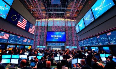 Traders celebrating on a busy stock exchange floor.