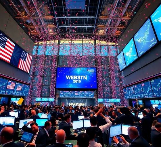 Traders celebrating on a busy stock exchange floor.