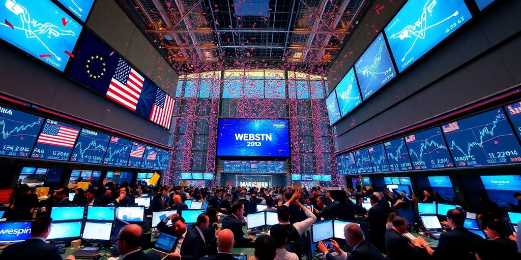Traders celebrating on a busy stock exchange floor.