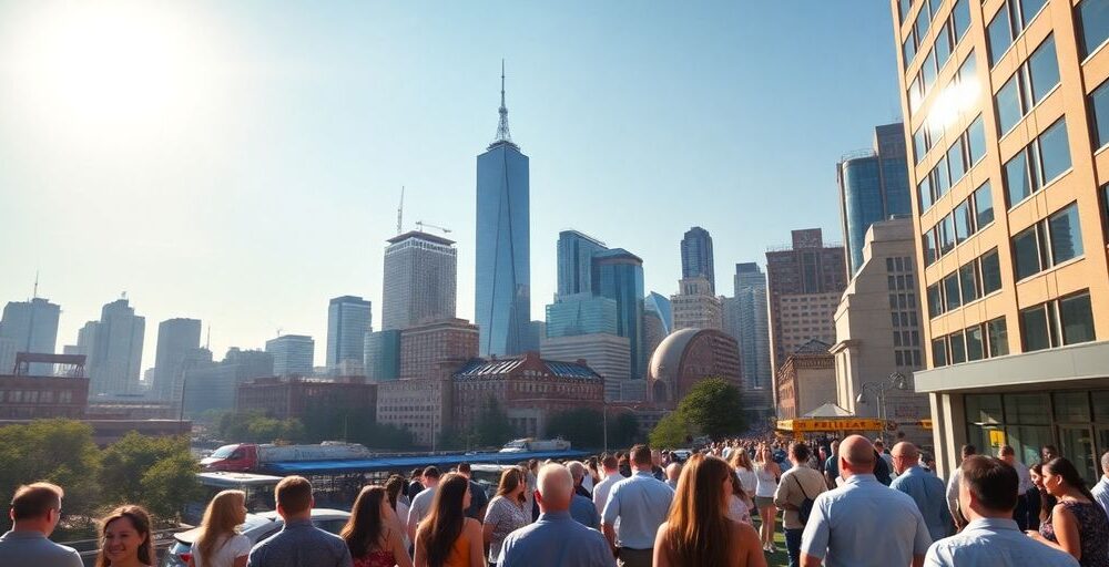 A bright city skyline with active investors and optimism.