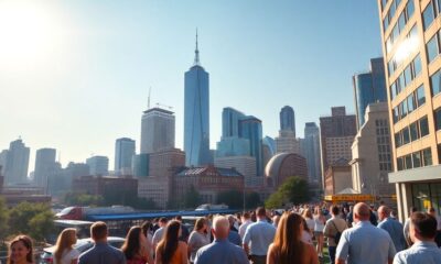 A bright city skyline with active investors and optimism.