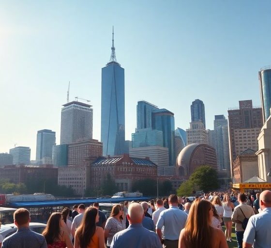 A bright city skyline with active investors and optimism.