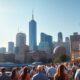 A bright city skyline with active investors and optimism.