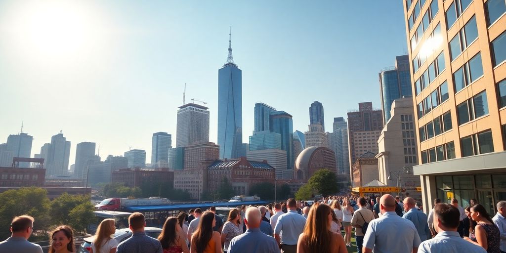 A bright city skyline with active investors and optimism.