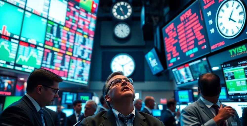 Traders in a bustling stock market showing concern and urgency.
