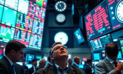 Traders in a bustling stock market showing concern and urgency.