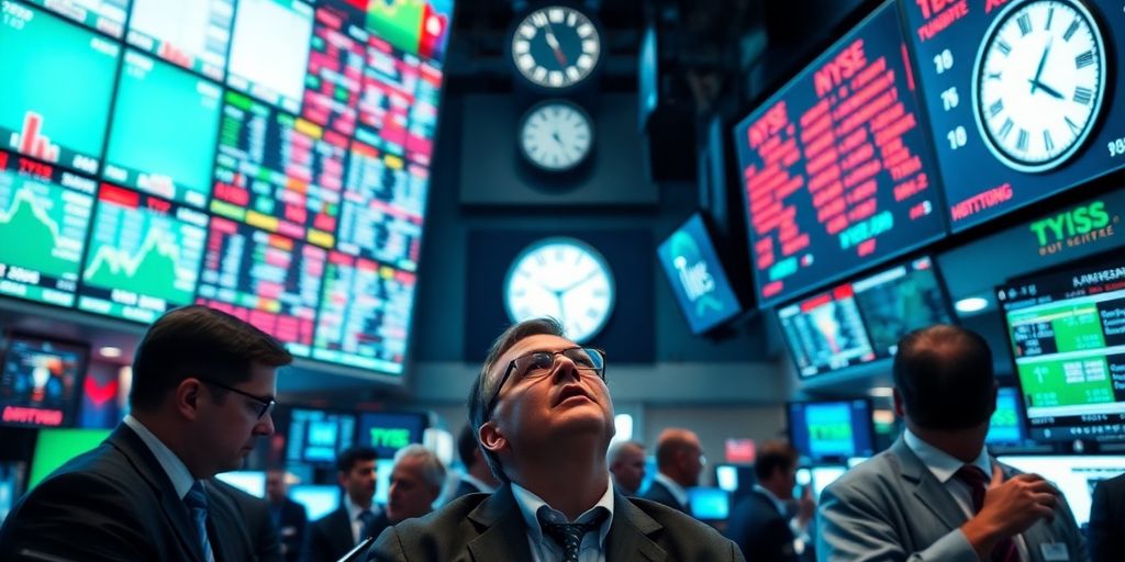 Traders in a bustling stock market showing concern and urgency.