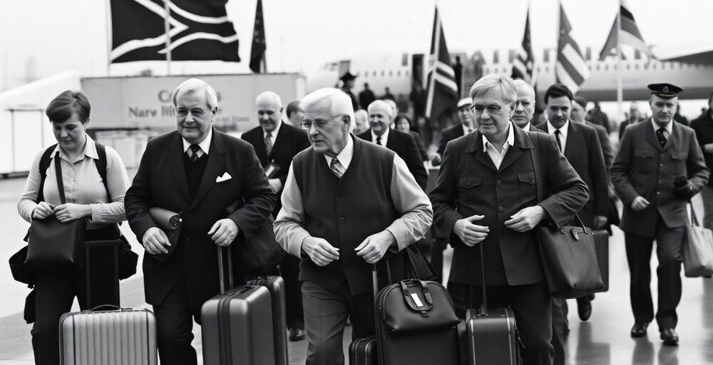 Group of white Afrikaners arriving at an airport.