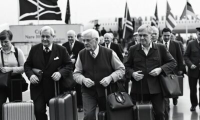Group of white Afrikaners arriving at an airport.