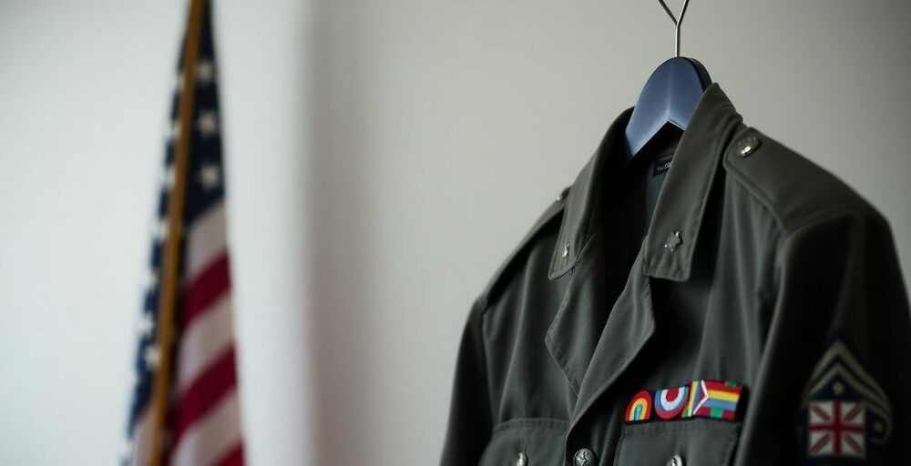 Military uniform with insignia and American flag background.