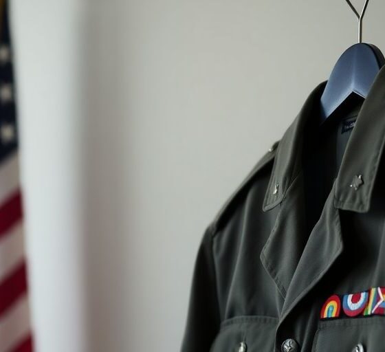 Military uniform with insignia and American flag background.