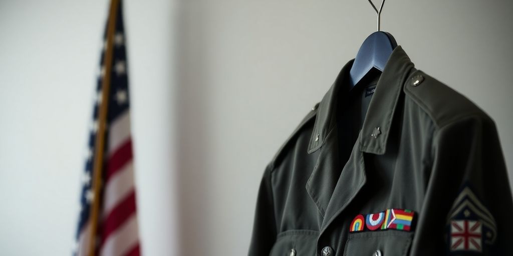 Military uniform with insignia and American flag background.