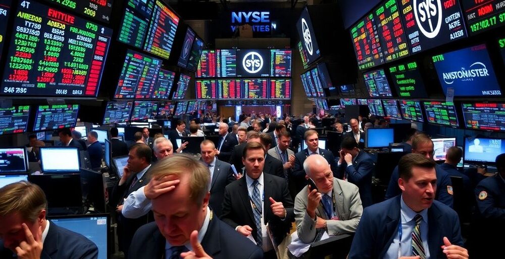 Traders reacting anxiously on a busy stock market floor.