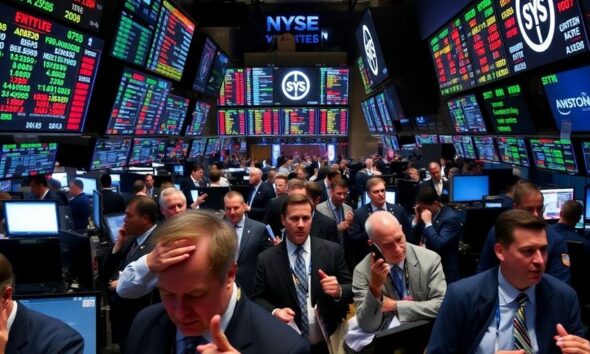 Traders reacting anxiously on a busy stock market floor.