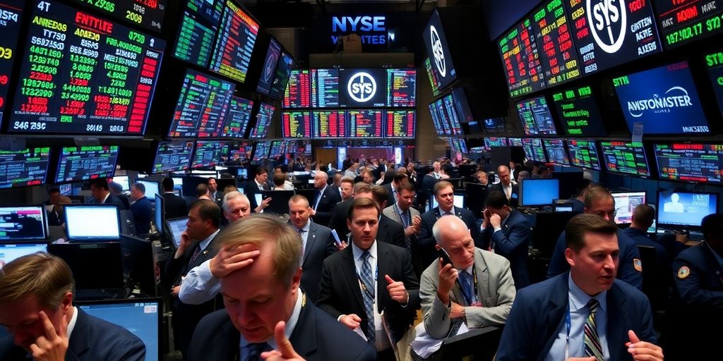 Traders reacting anxiously on a busy stock market floor.