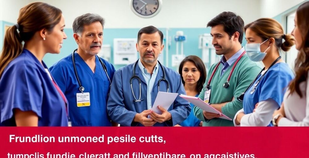 Healthcare professionals discussing public health concerns in hospital.