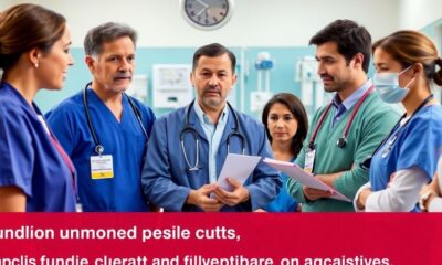 Healthcare professionals discussing public health concerns in hospital.