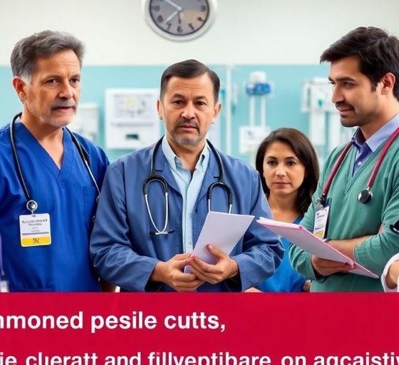 Healthcare professionals discussing public health concerns in hospital.
