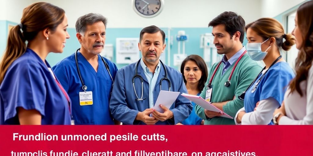 Healthcare professionals discussing public health concerns in hospital.