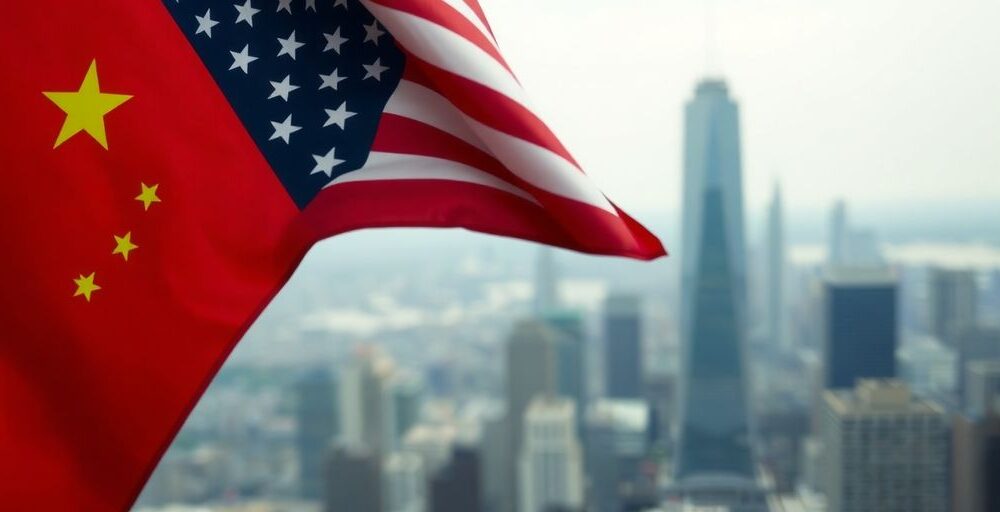 U.S. and Chinese flags intertwined on a city skyline background.
