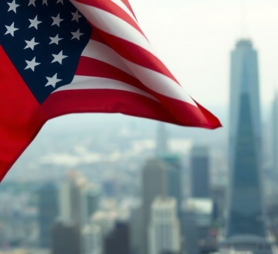U.S. and Chinese flags intertwined on a city skyline background.