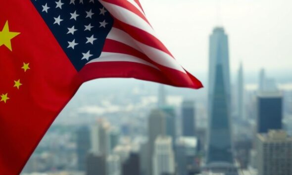 U.S. and Chinese flags intertwined on a city skyline background.