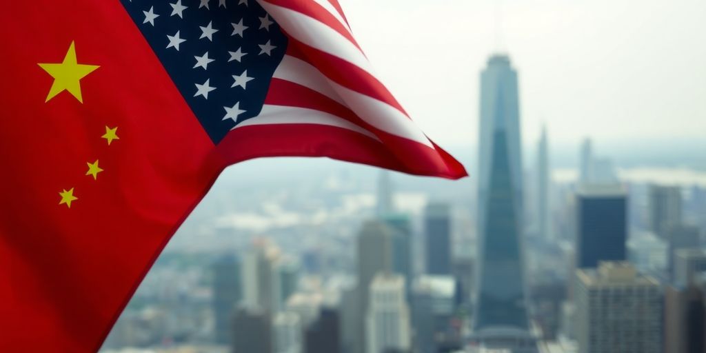 U.S. and Chinese flags intertwined on a city skyline background.