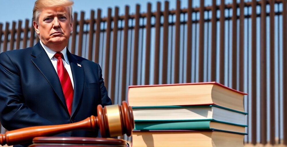 Trump, border fence, court gavel.