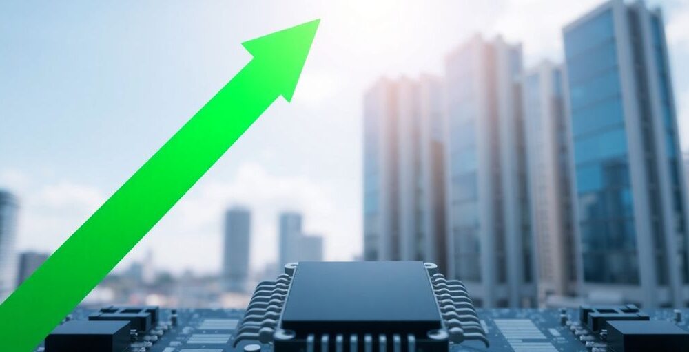 Green arrow soaring over Nvidia chip.