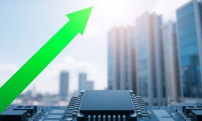 Green arrow soaring over Nvidia chip.