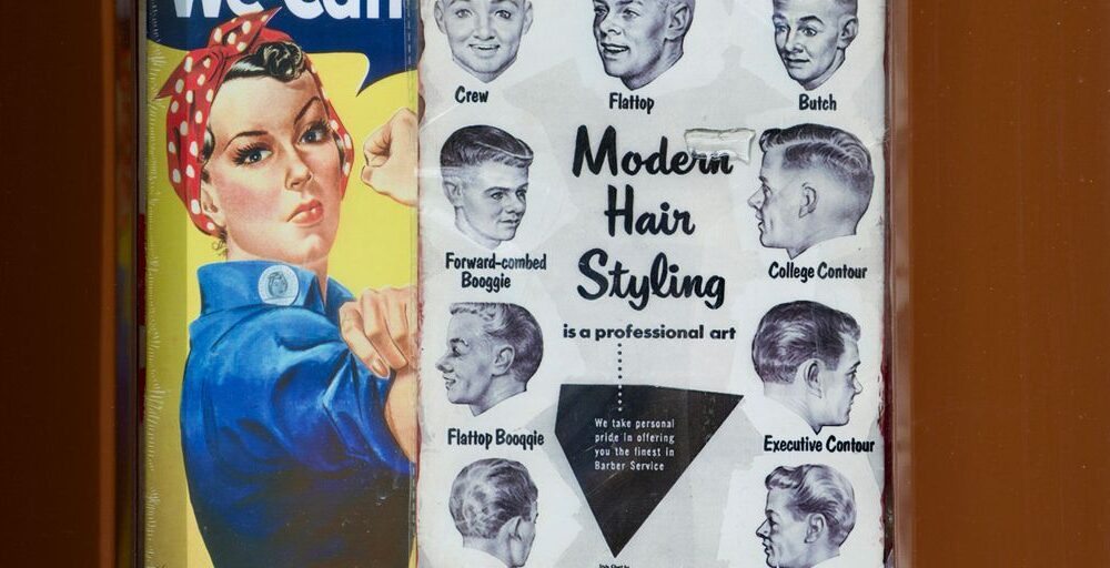 A poster of a woman's head on a door