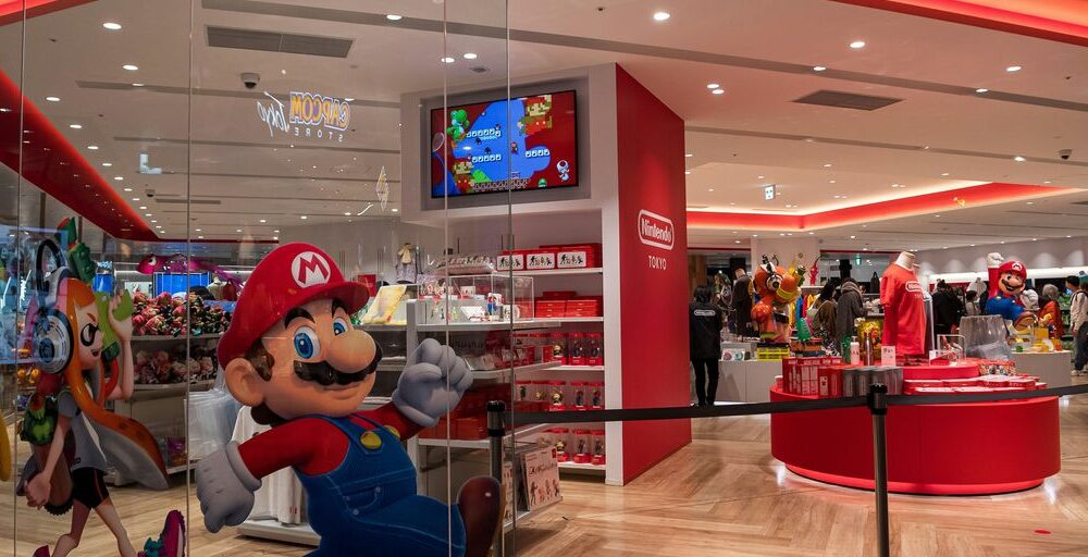 a nintendo store with mario running through the store