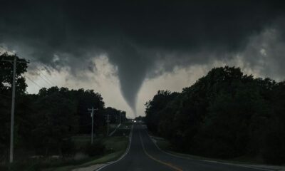 a large tornado is seen in the sky over a road