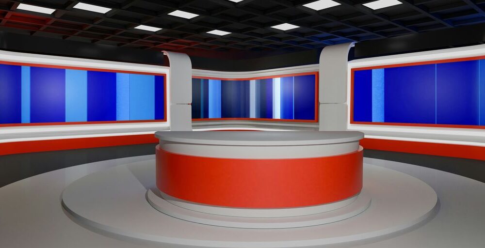 This is an empty modern news studio set.