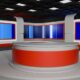 This is an empty modern news studio set.