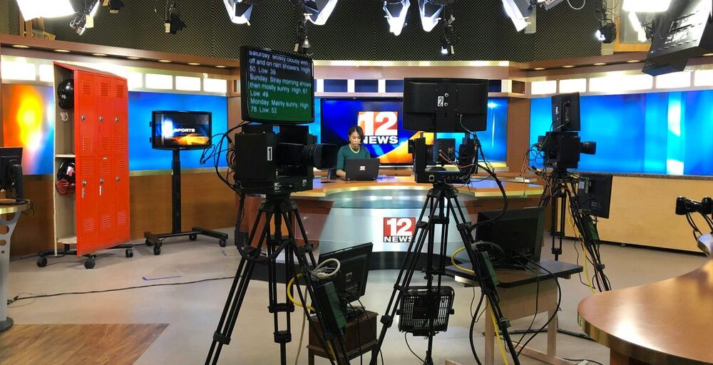 a room with a camera and equipment