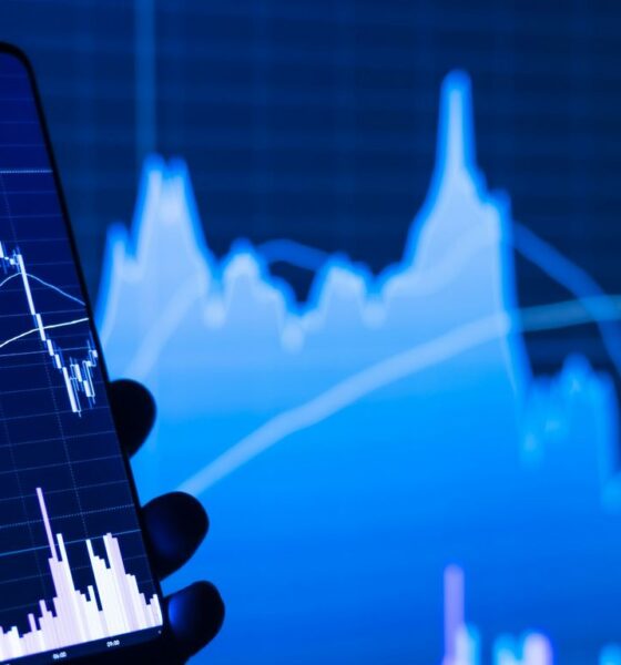 a person holding a cell phone in front of a stock chart